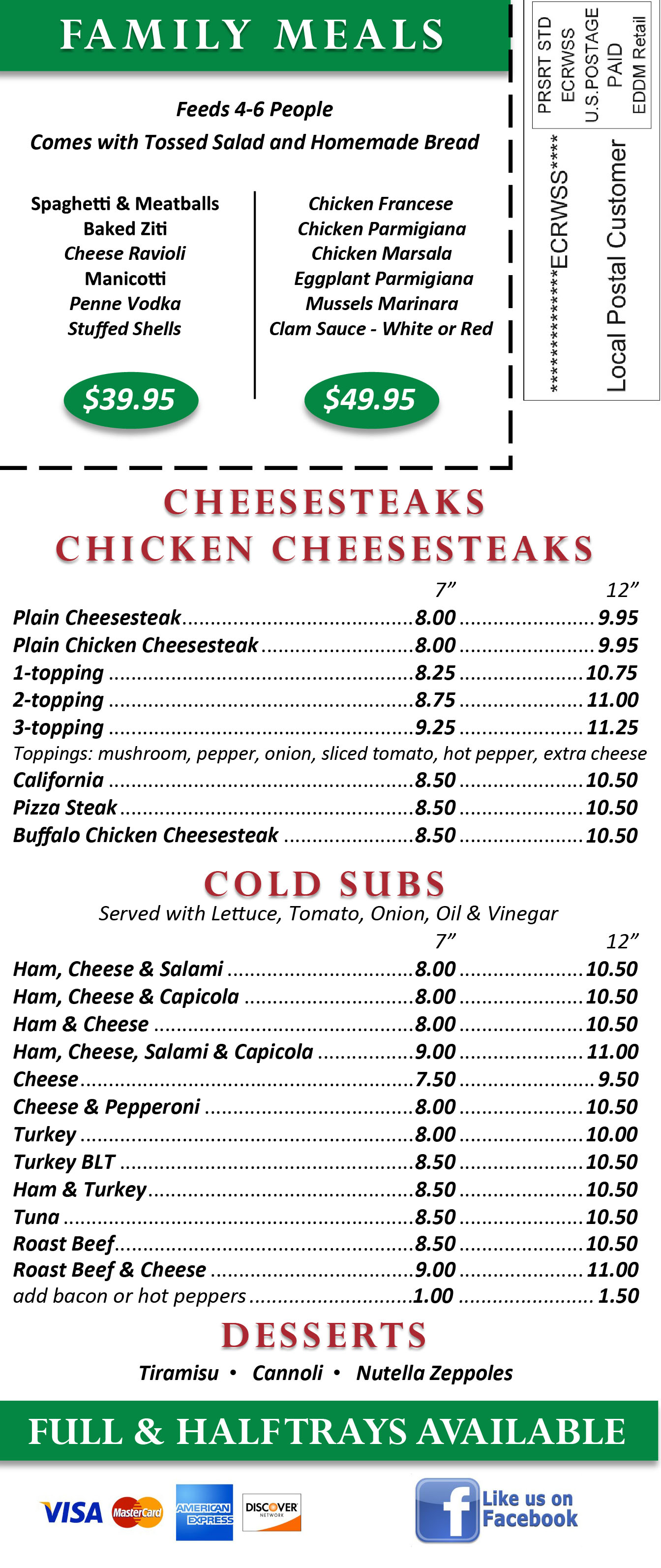 cheesesteak - Cold Subs - dessert & family meal 